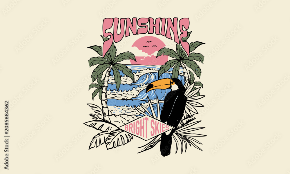 Fototapeta premium Retro tropical beach illustration featuring a toucan bird, palm trees and ocean waves.