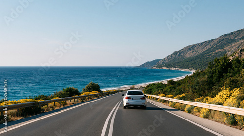 Car driving along a beautiful European beach highway in summer, coastal travel and road trip concept, with copy space