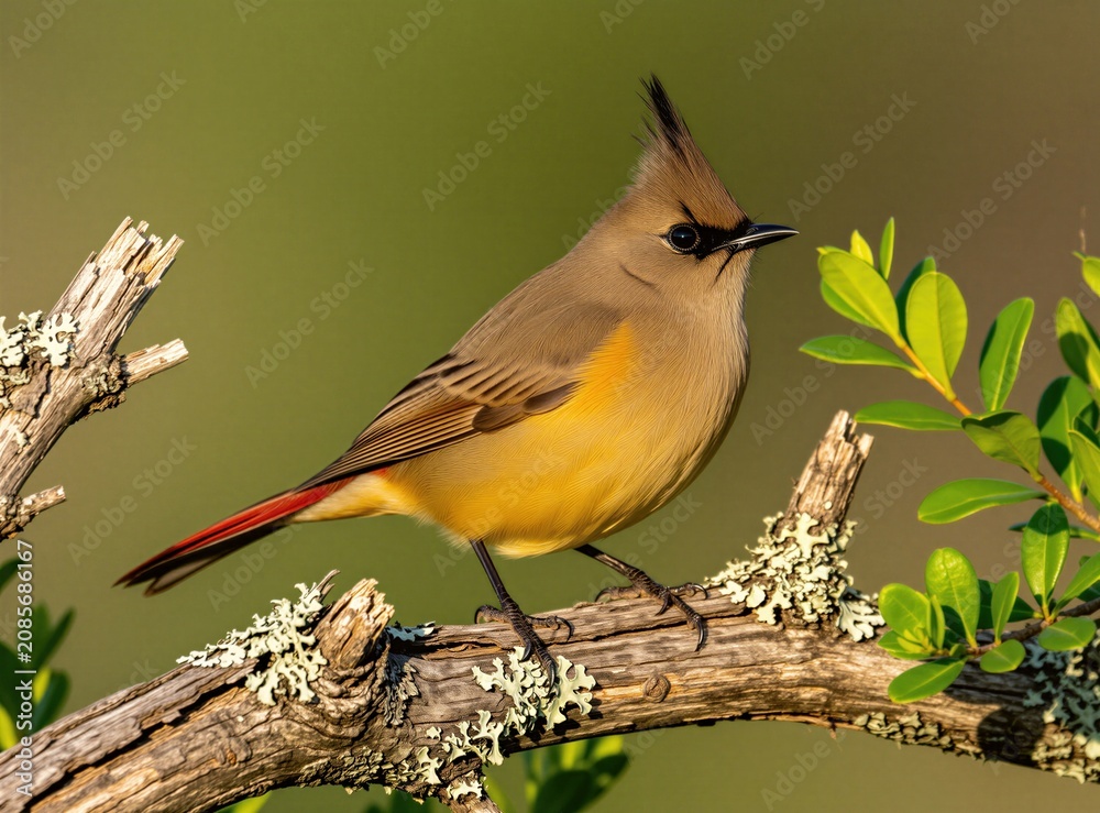 Fototapeta premium Cedar waxwing bird with crest sits on dead tree branch. Yellow belly, red tail tip, and black eye mask are visible. Green foliage in background.
