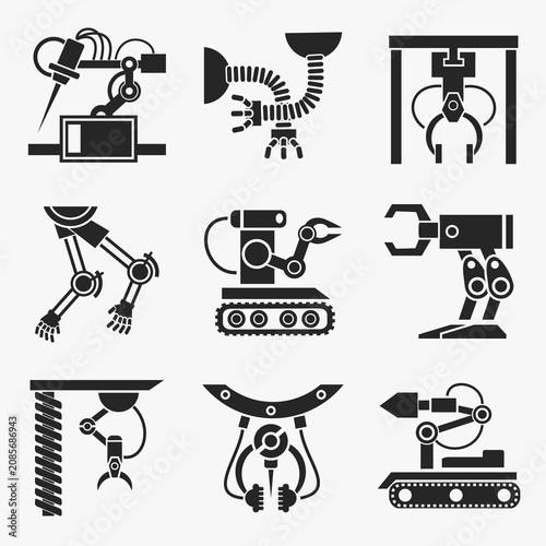 Industrial robot arms and automation manufacturing equipment icons with industry