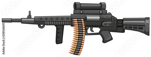 Pixel art illustration of a military machine gun with ammunition belt, military