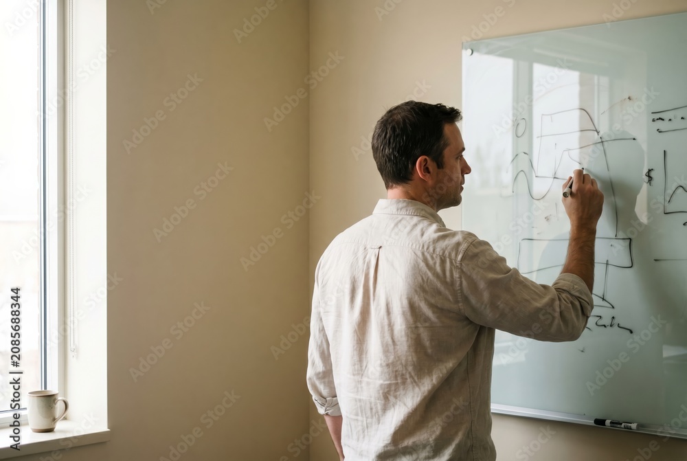 Fototapeta premium Scientist writing notes on glass board in bright research office, thinking through research problem with copy space