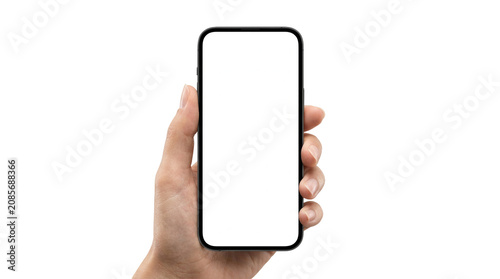 Smartphone, blank screen, hand holding phone, mobile device, isolated on white