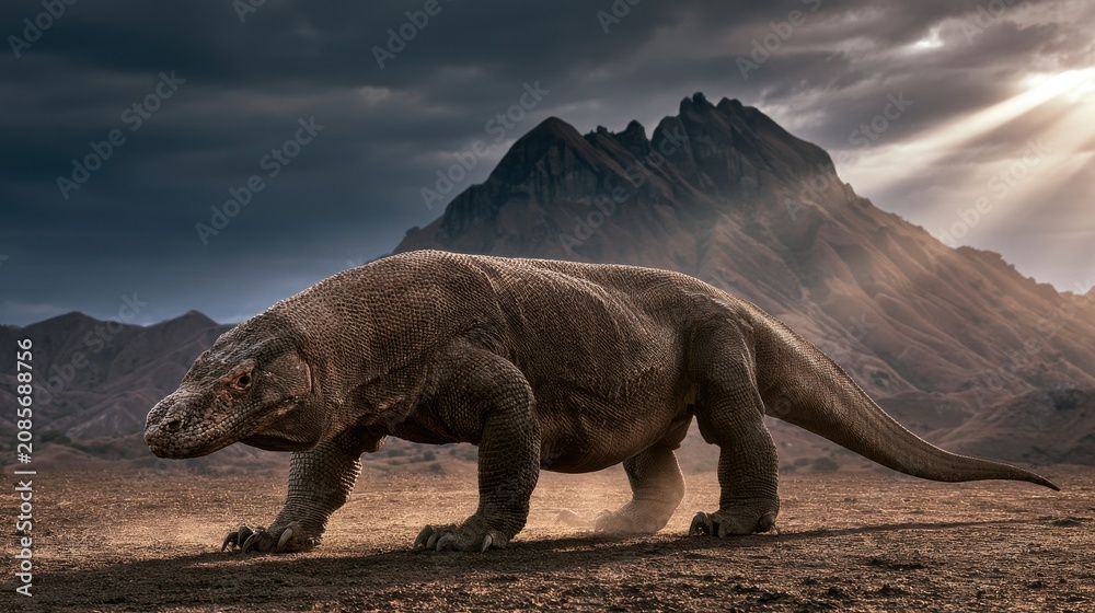 Fototapeta premium Komodo dragon walking across dry volcanic ground in natural habitat