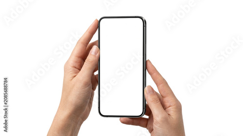 Smartphone mockup, blank screen, hands holding phone, mobile device template