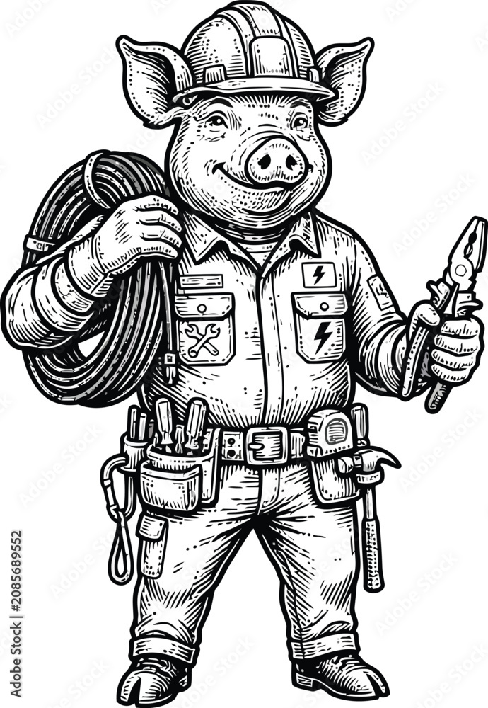 Obraz premium Friendly pig electrician character holding pliers tool and carrying wire cable roll vector illustration