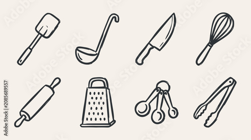 Collection of eight hand-drawn kitchen utensils including a spatula, ladle, knife, and whisk on a light background
