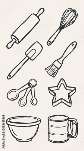 Collection of various baking tools and kitchen utensils in a hand-drawn doodle outline style on a plain background
