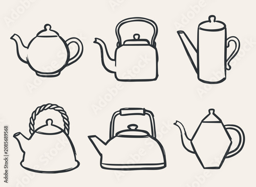 Six outlined teapots and kettles in various shapes, hand-drawn vector sketch style on a light background