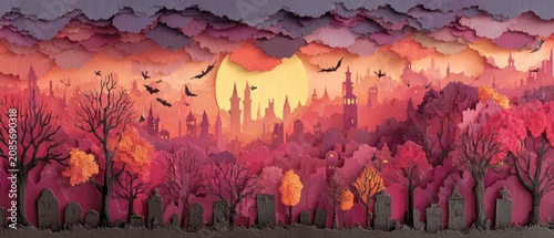 Layered paper art: Bats fly over a spooky graveyard and vibrant haunted city. Perfect for Halloween, autumn, or fantasy-themed designs and backgrounds.