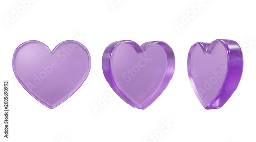 Konstfotografi Three shiny purple heart shapes on isolated transparent background