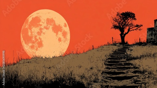 Stylized full moon dominates fiery orange sky over shadowy hill with steps. Evokes mystery, fantasy, or adventure; ideal for game design or covers.