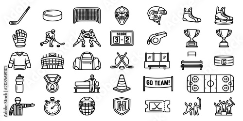 Photography Ice Hockey Championship Tournament and Player Gear Outline Icon Set