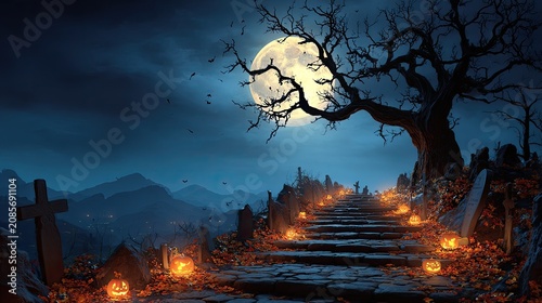 Moonlit Halloween path with carved pumpkins, dead tree, flying bats, and tombstones. Ideal for holiday promotions, event invitations, and festive seasonal content.