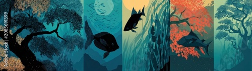 Stylized panoramic underwater scene with unique fish and glowing flora. Ideal for tranquil designs, nature themes, or evocative editorial content.
