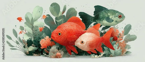 Vibrant red and green fish swim among lush aquatic plants and coral. Ideal for nature, aquarium, and marine life themed designs.