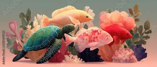 Stylized marine life: a turtle, three fish, and colorful coral reef. Perfect for nature themes, decor, or educational content on marine life.