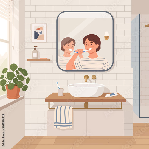 Young Couple Brushing Teeth Together in a Bright Modern Home Bathroom Illustration