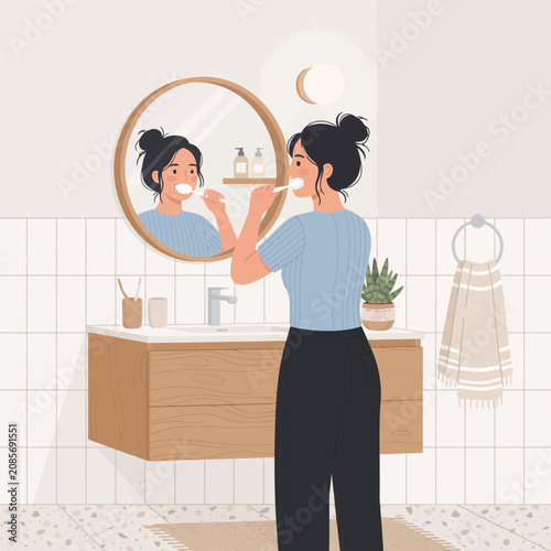 Young Woman Brushing Teeth in Front of a Bathroom Mirror during Her Morning Self Care Routine