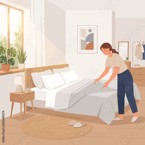 Young Woman Tidying Up Her Cozy Modern Bedroom and Making the Bed in Bright Morning Sunlight
