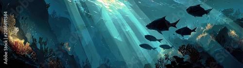 Dark fish swim among vibrant coral reefs, bathed in sunlit ocean rays. Perfect for marine life, nature themes, or serene aquatic backgrounds.