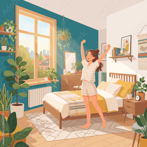 Young Woman Waking Up Feeling Energetic and Happy in Her Bright Sunny Bedroom Filled With Houseplants