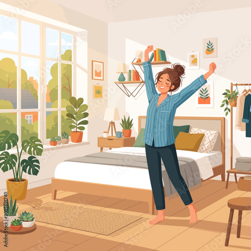 Cheerful young woman stretching joyfully after waking up in her bright and cozy bedroom, embracing a fresh start to the day with a feeling of comfort and wellness and sun light