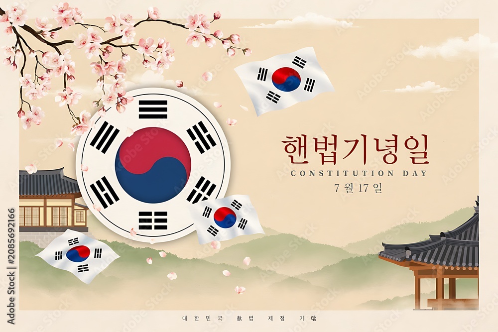 Fototapeta premium South korea constitution day celebration with taegeukgi and traditional architecture