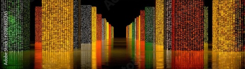 Glowingly colorful binary code pillars reflect on a dark, watery surface. Visualizes big data, advanced AI, cybersecurity, and digital connectivity.
