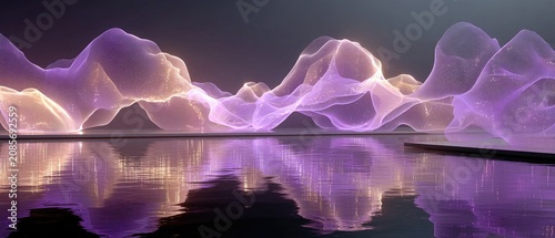 Abstract glowing mesh waves in purple and orange reflect on water. Perfect for technology, data visualization, or futuristic background designs.