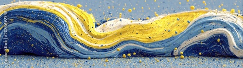 Vibrant blue, yellow, white paint swirls with scattered particles and spheres. Ideal for vibrant blue and yellow themed abstract backgrounds or designs.