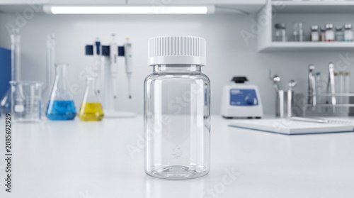 Clear plastic bottle with a white ribbed cap standing upright on a laboratory bench amidst various scientific glassware and equipment creating a sterile research environment for chemical