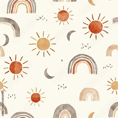 Colorful Abstract Weather Pattern with Sun, Moon, and Rainbow Elements for Kids Room Decor