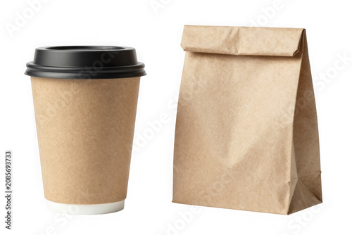 Coffee cup and paper bag for takeaway food, transparent background.