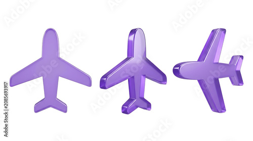 Фотография Three shiny purple airplanes on transparent background in different angles