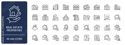 Real estate properties icon set. Collection of residential building, commercial architecture, property investment and mortgage contract line icon vector illustration with editable stroke.