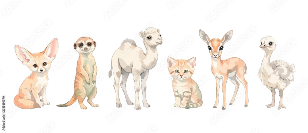 Naklejka premium Watercolor baby animals cute illustration isolated set on white background for nursery decor design featuring sweet fennec fox, meerkat, camel, kitten, gazelle, and ostrich chick safari graphics.