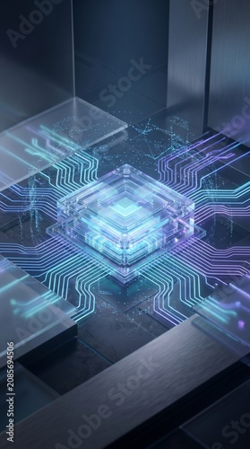 Futuristic quantum processor with glowing circuitry and digital connections in a high tech environment