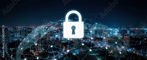 Cyber security concept with digital padlock icon over a glowing smart city network
