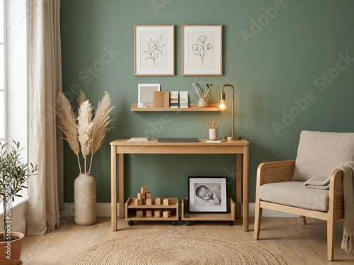 Modern Japandi style home office with study desk and rattan armchair. Sage green accent wall, minimalist botanical art, and subtle newborn nursery decor create a calm, multifunctional space