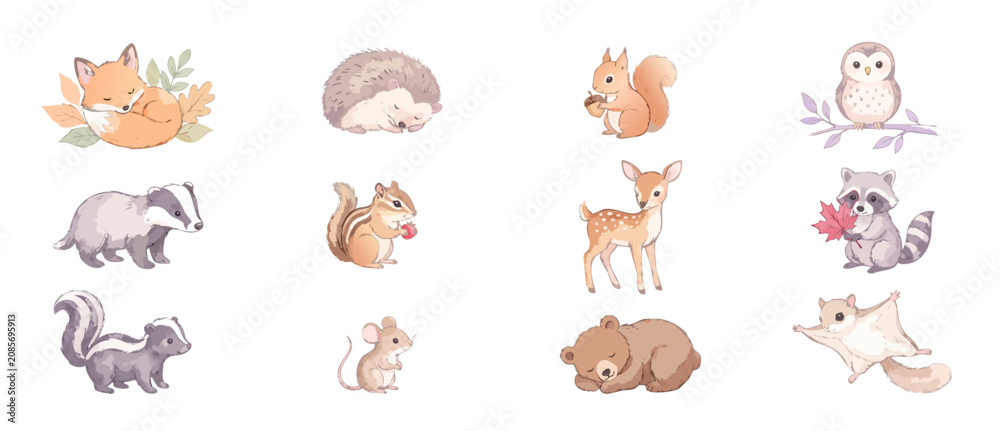 Obraz premium Woodland animals watercolor clipart set of cute forest creatures featuring sleeping bear, baby deer, fox, raccoon, squirrel, owl, hedgehog, badger, skunk, and mouse isolated on a white background.