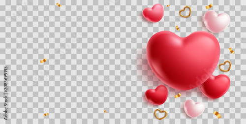 Canvastavla Red and pink heart balloons with golden confetti on transparent background
