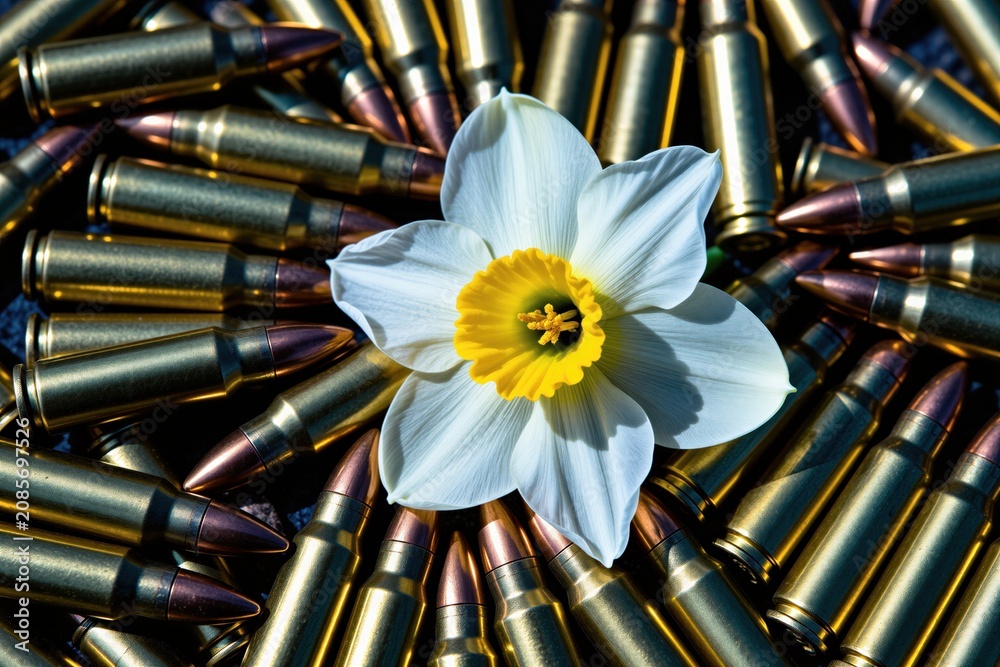 Fototapeta premium White daffodil flower with yellow center rests upon pile of metallic rifle bullets. Delicate bloom contrasts sharply with hard munitions, symbolizing peace versus war and hope.