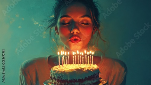 Young woman blows out candles on a celebratory cake with a wish.