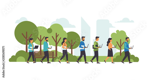Business People Walking in Park with Laptops and Coffee, Remote Work and Digital Nomad Lifestyle Vector