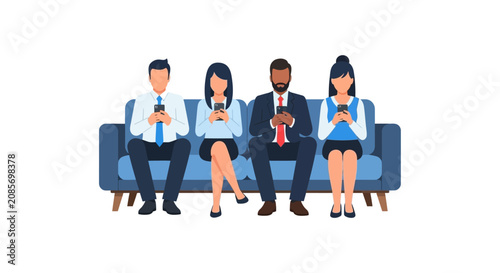 Diverse Business People Sitting on Sofa Using Smartphones Vector Illustration - Digital Addiction and Social Media Communication Concept
