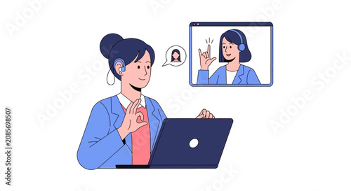 Online Accessibility Illustration of Woman with Hearing Aid using Sign Language for Video Call Communication on Laptop