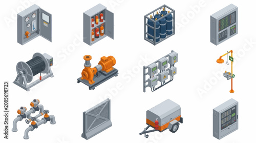 Photos Industrial Equipment and Machinery Isometric Icons Set.