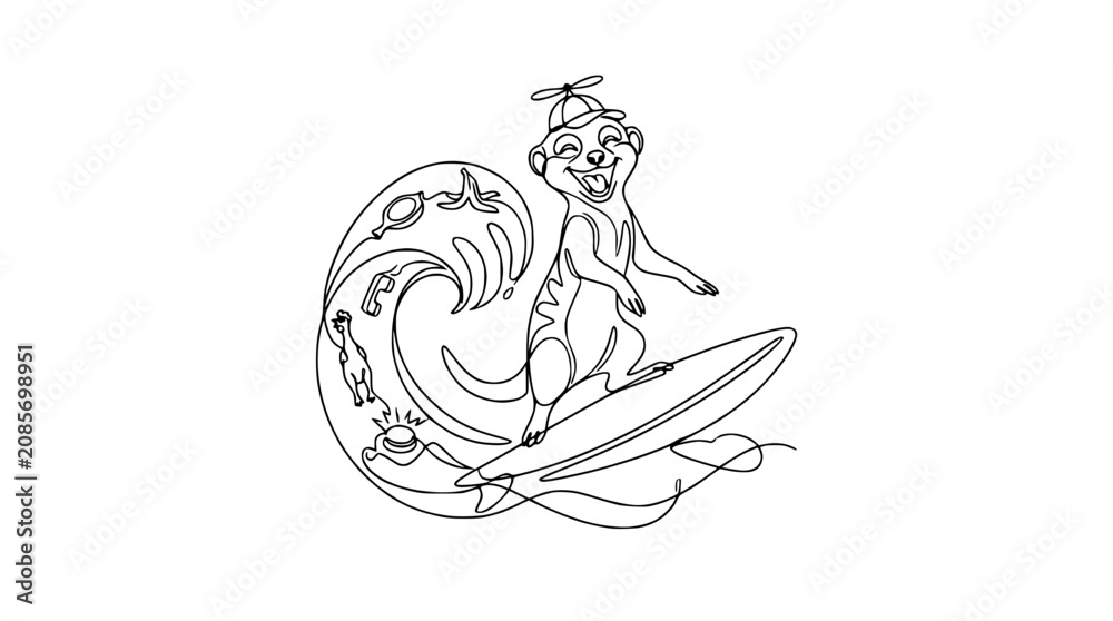 Fototapeta premium Happy Meerkat Surfer Riding Wave on Surfboard - Single Line Art Illustration