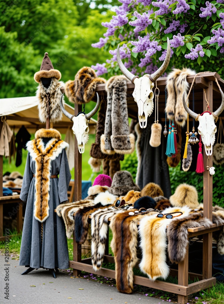 Fototapeta premium Medieval fair stall displays fur coats, hats, and animal skulls. Traditional clothing and accessories are showcased at an outdoor market with blooming lilac.